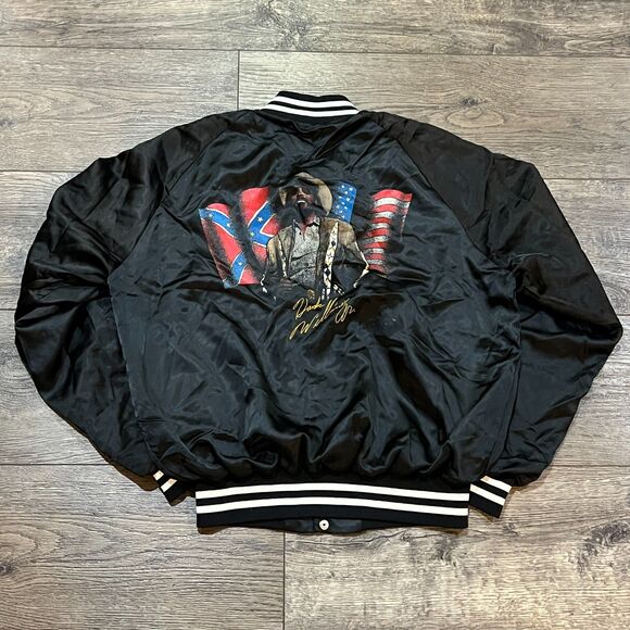 Vintage 80s Taylor Made Hank Williams Jr Black Satin Bomber Jacket USA - Large - Picture 7 of 10